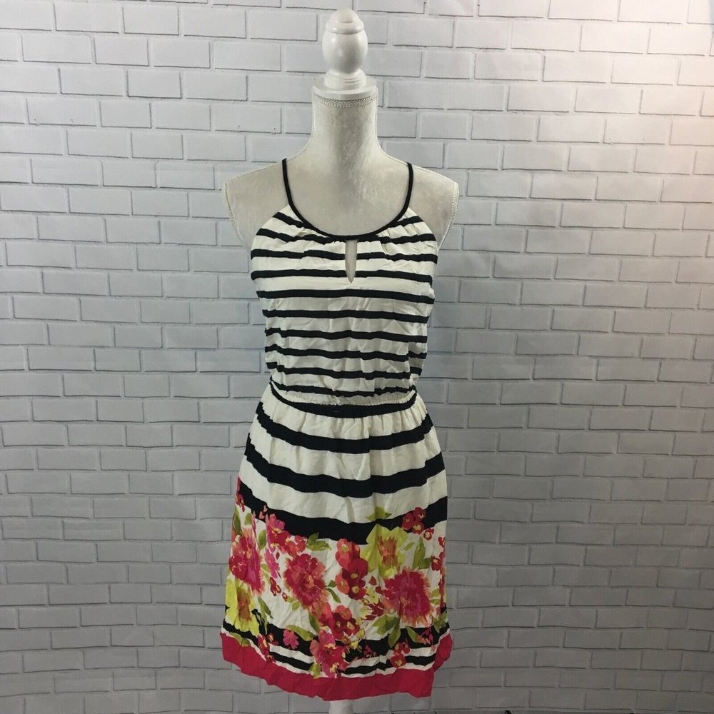 Elle Dress Black and White Stripes Bright Floral Racerback Keyhole Cottagecore M